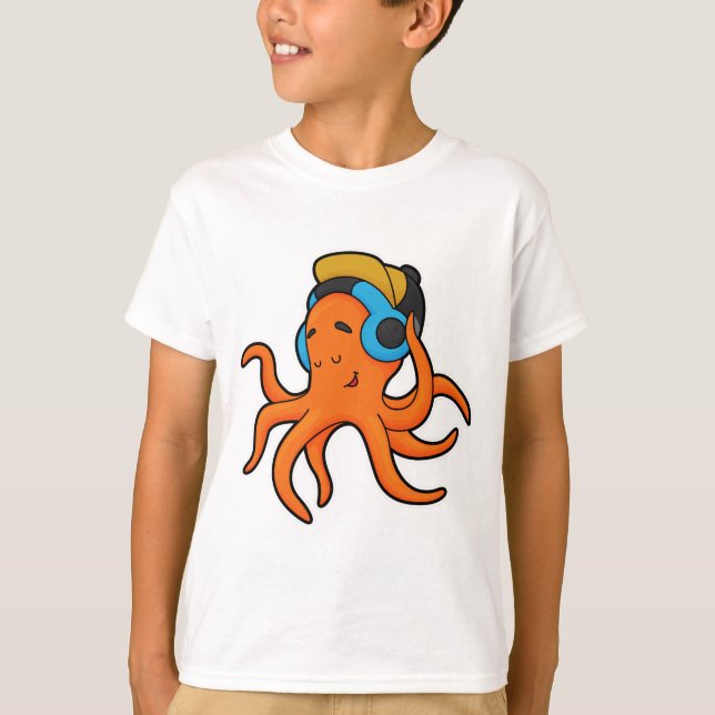 Octopus at Music with Headphone T-Shirt (Front)