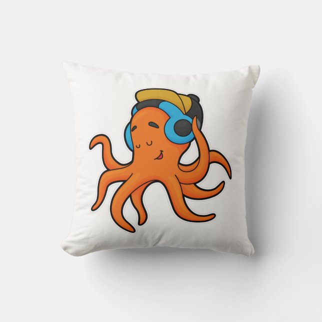 Octopus at Music with Headphone Throw Pillow (Front)