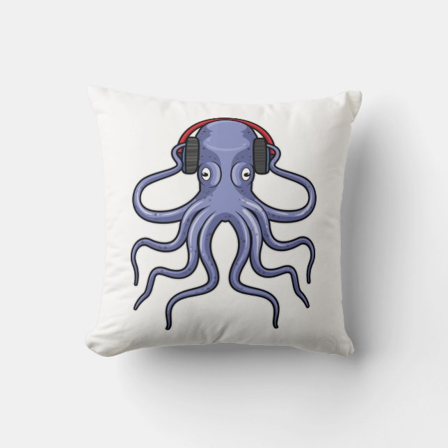 Octopus at Music with Headphone Throw Pillow (Front)