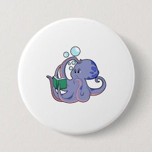 Octopus at Reading with Book 3 Inch Round Button