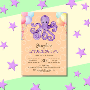 Octopus Balloon Bubble Peach Kids Birthday Invitation