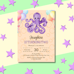 Octopus Balloon Peach Bubble Kids Birthday Invitation