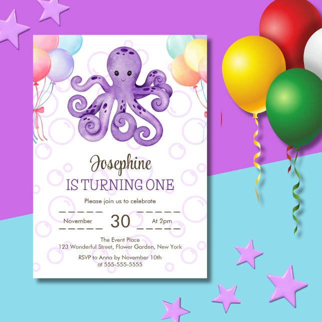 Octopus Balloon Purple Bubble Kids Birthday Invitation (Creator Uploaded)