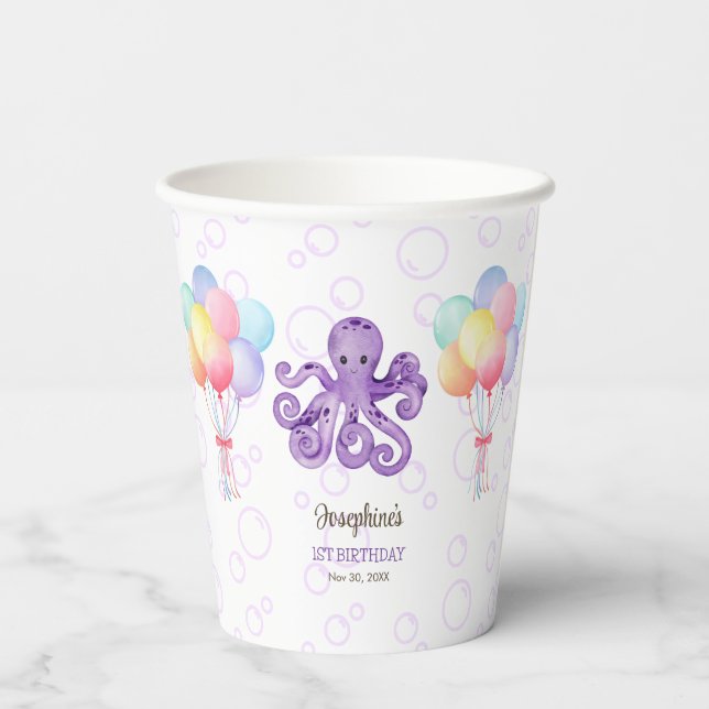 Octopus Balloon Purple Bubble Kids Birthday Paper Cups (Back)
