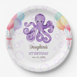 Octopus Balloon Purple Bubble Kids Birthday Paper Plate