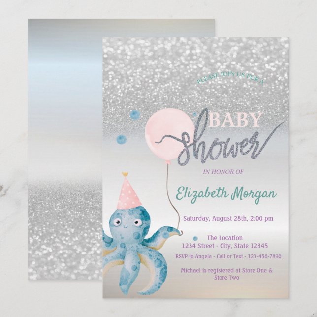 Octopus Balloon Silver Bokeh Baby Shower Invitation (Front/Back)
