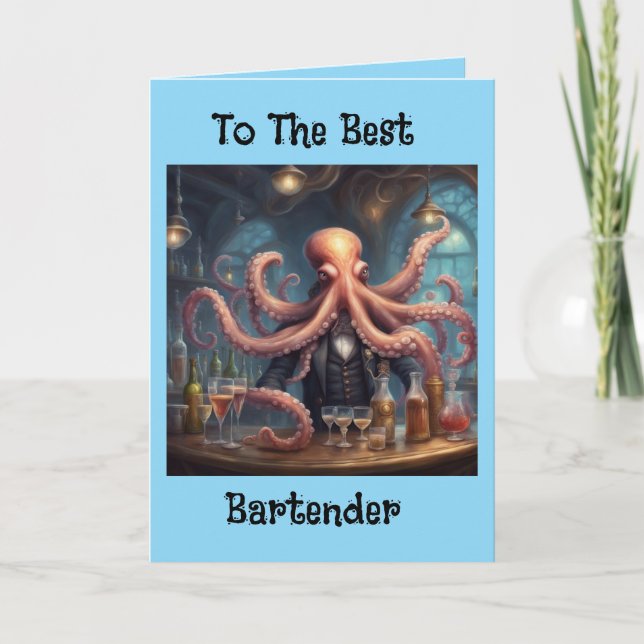 Octopus bartender multitasking mixologist birthday card (Front)
