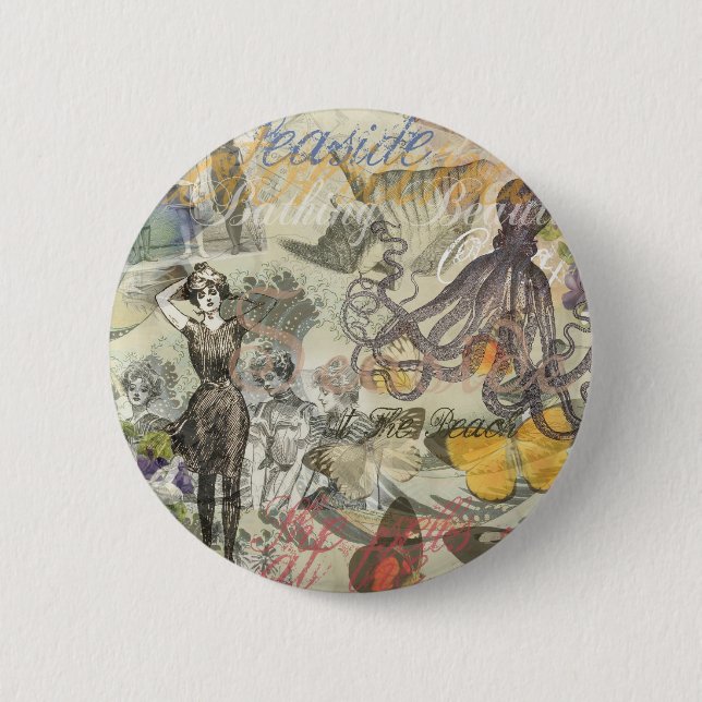 Octopus Beach Antique Coastal Steampunk 2 Inch Round Button (Front)