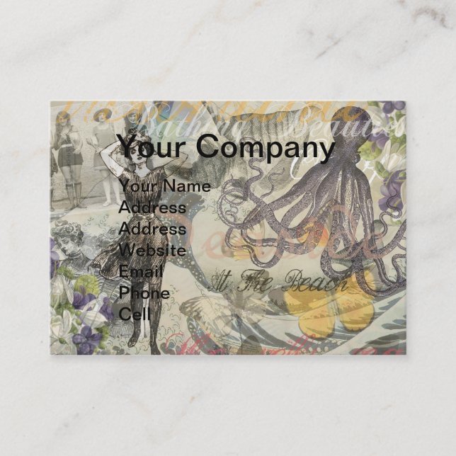 Octopus Beach Antique Coastal Steampunk Business Card (Front)