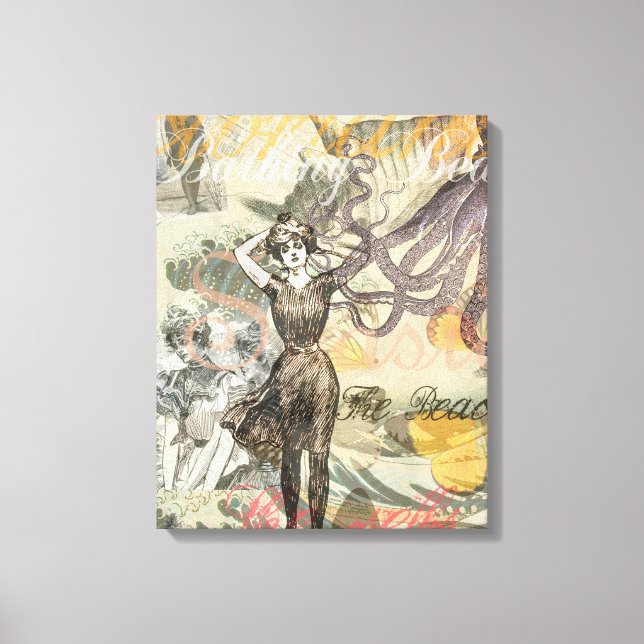 Octopus Beach Antique Coastal Steampunk Canvas Print (Front)