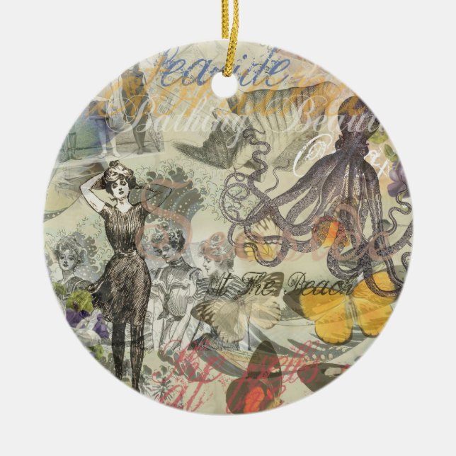 Octopus Beach Antique Coastal Steampunk Ceramic Ornament (Front)