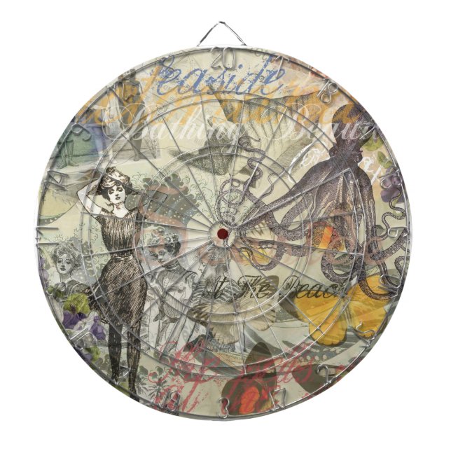 Octopus Beach Antique Coastal Steampunk Dartboard (Front)