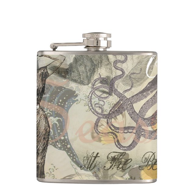 Octopus Beach Antique Coastal Steampunk Hip Flask (Front)