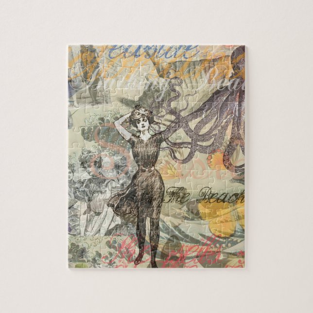 Octopus Beach Antique Coastal Steampunk Jigsaw Puzzle (Vertical)