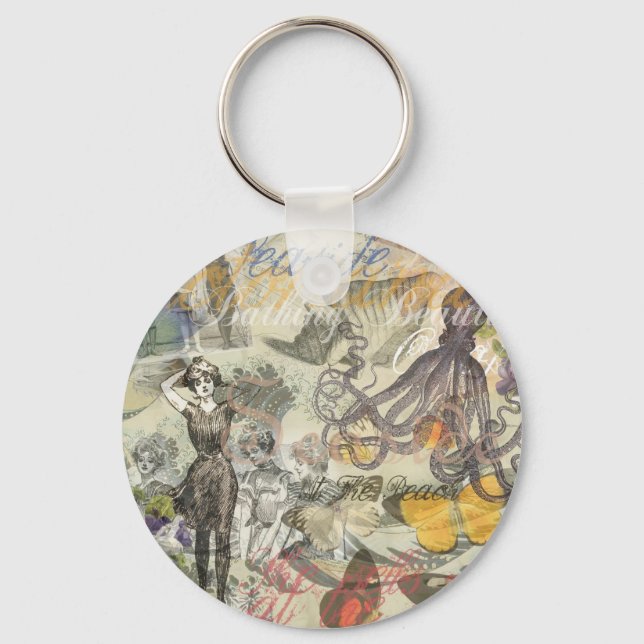 Octopus Beach Antique Coastal Steampunk Keychain (Front)