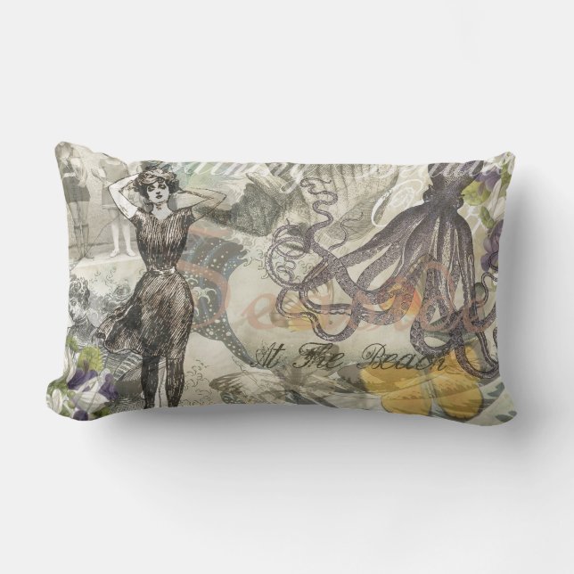 Octopus Beach Antique Coastal Steampunk Lumbar Pillow (Front)