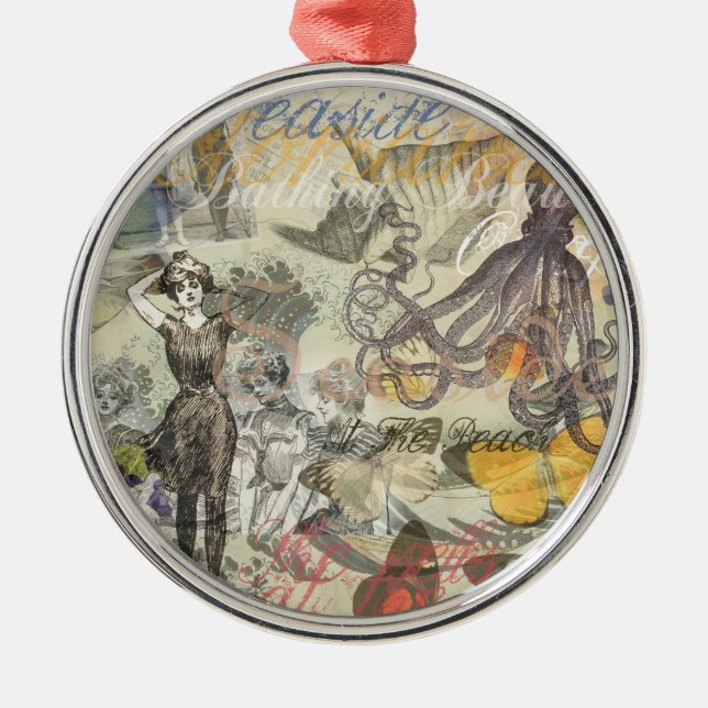 Octopus Beach Antique Coastal Steampunk Metal Ornament (Front)