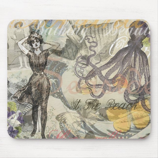 Octopus Beach Antique Coastal Steampunk Mouse Pad (Front)