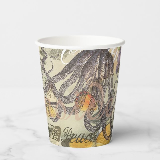 Octopus Beach Antique Coastal Steampunk Paper Cups (Back)