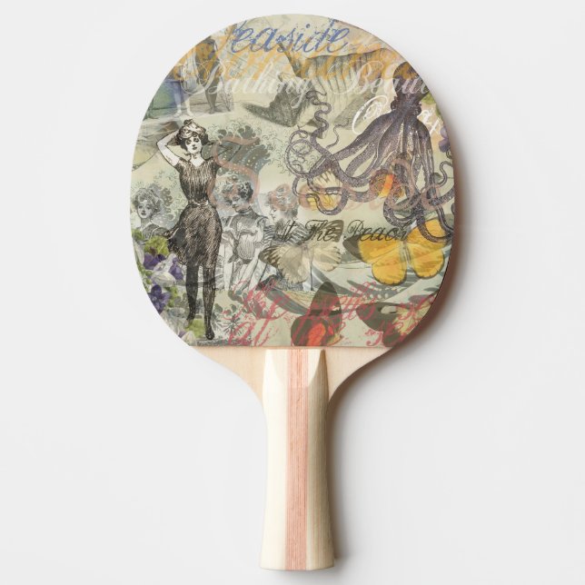Octopus Beach Antique Coastal Steampunk Ping Pong Paddle (Front)