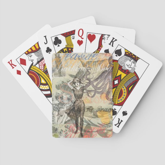 Octopus Beach Antique Coastal Steampunk Playing Cards (Back)