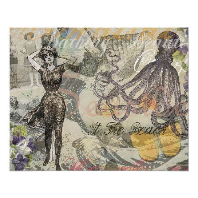 Octopus Beach Antique Coastal Steampunk Poster (Front)
