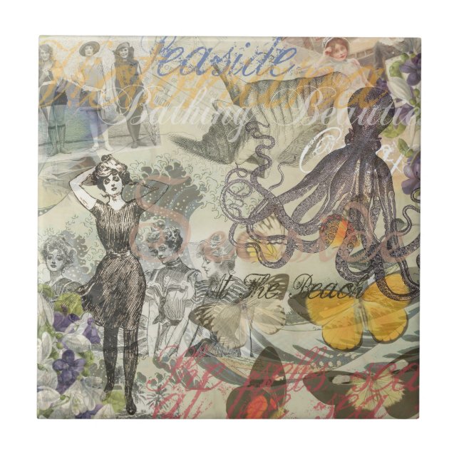 Octopus Beach Antique Coastal Steampunk Tile (Front)