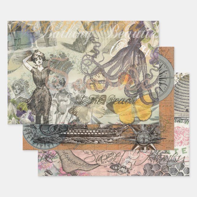 Octopus Beach Antique Coastal Steampunk Wrapping Paper Sheet (Set)