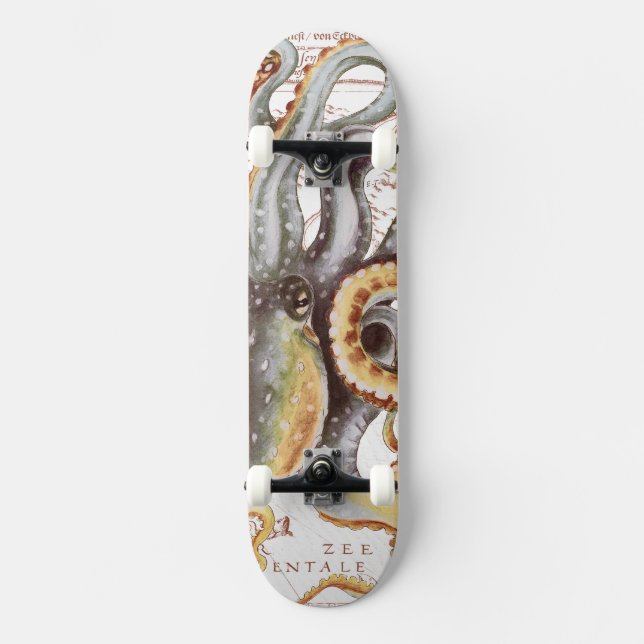 Octopus Beige Vintage Map Nautical Marine Aquatic Skateboard (Front)