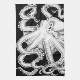 Octopus Black And White Ink Kitchen Towel