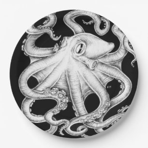 Octopus Black And White Ink Paper Plate
