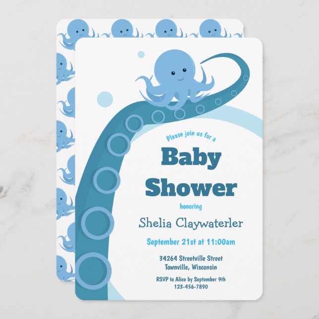 Octopus bleu | Invitation Baby shower (Devant / Derrière)