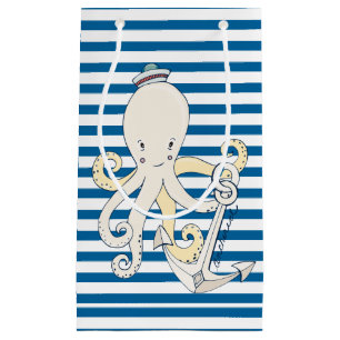 Octopus Blue and White Horizontal Stripe Small Gift Bag