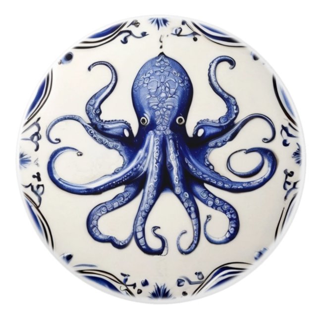 Octopus Blue and White Sea Ocean theme Beach House Ceramic Knob (Front)