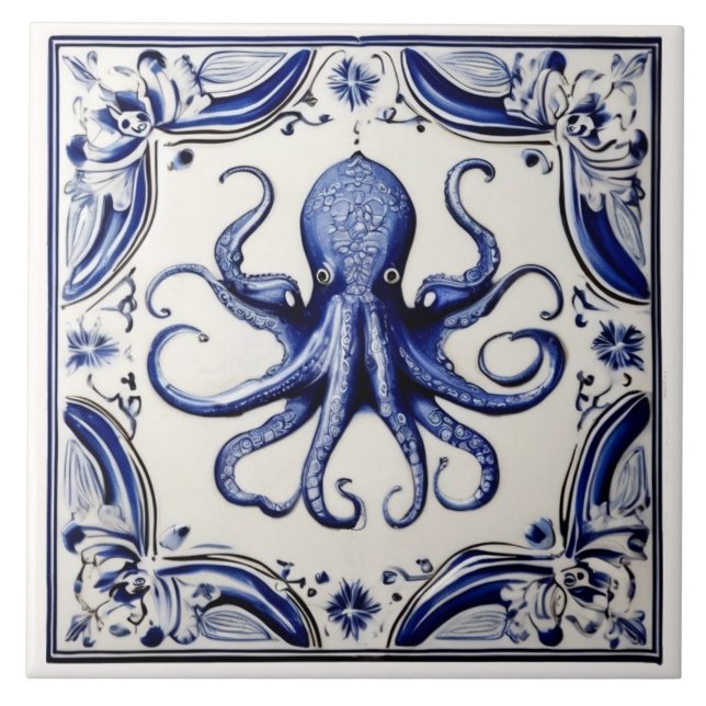 Octopus Blue and White Sea Ocean theme Beach House Tile (Front)