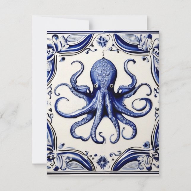 Octopus Blue and White Sea Ocean theme Holiday Card (Front)