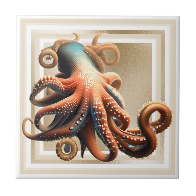Octopus blue orange 3D nautical gold beach chic Tile (Front)