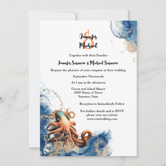Octopus blue orange ocean waves coastal chic invitation (Front)