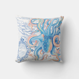 Octopus Blue Vintage Map Chic Watercolor Throw Pillow