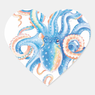 Octopus Blue Watercolor Art Heart Sticker