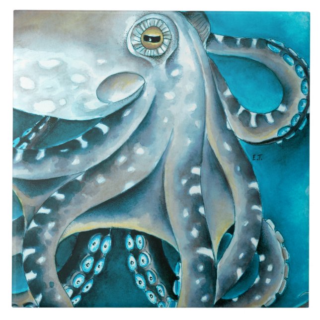 Octopus Blue Watercolor Detail Tile (Front)