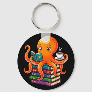 Octopus book reading coffee lover ocean funny keychain