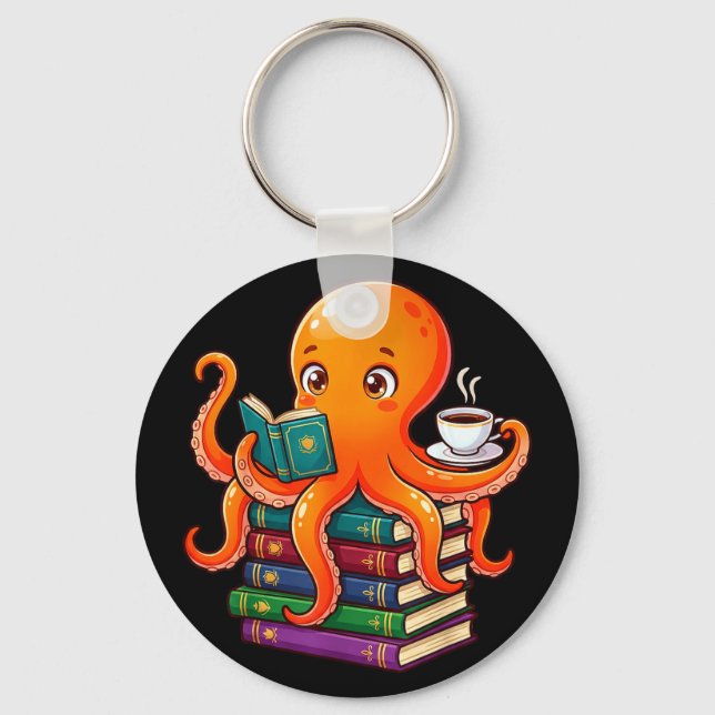 Octopus book reading coffee lover ocean funny  keychain (Front)