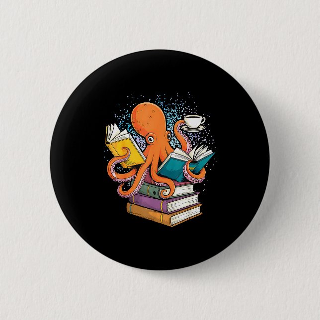 Octopus book reading reader ocean funny  2 inch round button (Front)
