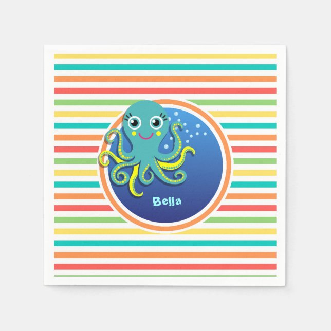 Octopus; Bright Rainbow Stripes Napkin (Front)