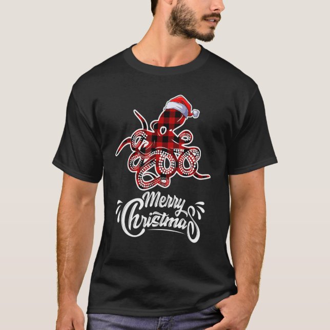 Octopus Christmas Buffalo Red Plaid Santa Hat Octo T-Shirt (Front)