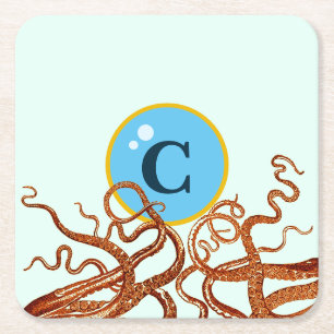 Octopus - custom monogram square paper coaster