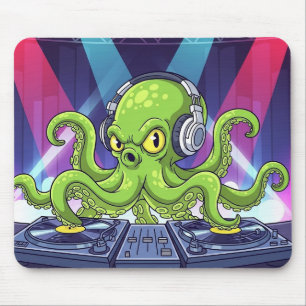 Octopus DJ with Turntables – Neon Party Cartoon Mouse Pad