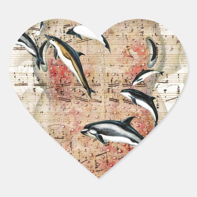 Octopus Dolphins Collage Heart Sticker (Front)