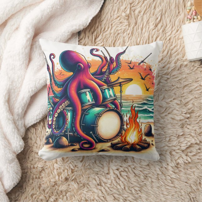 Octopus Drumming at Sunset by the Ocean Shore Throw Pillow (Blanket)